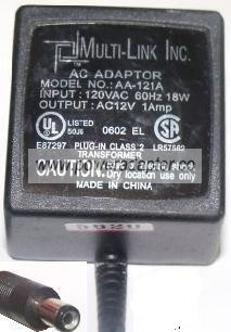 MULTI-LINK AA-121A AC ADAPTER 12VAC 1Amp ~(~)~ 2x5.5mm 120vac IT - Click Image to Close