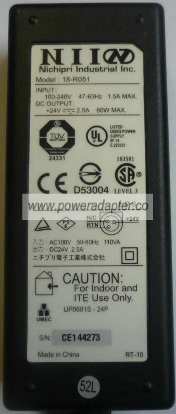 Nichipri NII 18-R051 AC Adapter 24V 2A Epson thermal receipt POS - Click Image to Close