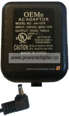 OEM AA-1570 AC ADAPTER 15VAC 700mA -( )- 1.8x4.6mm POWER SUPPLY - Click Image to Close