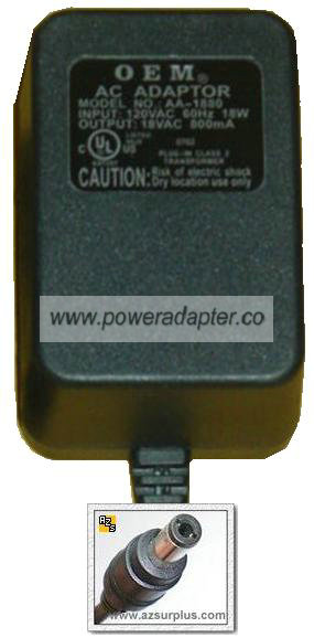 OEM AA-1880 AC ADAPTER 18VAC 800mA ~(~)~ 2x5.5mm PLUG IN CLASS 2 - Click Image to Close