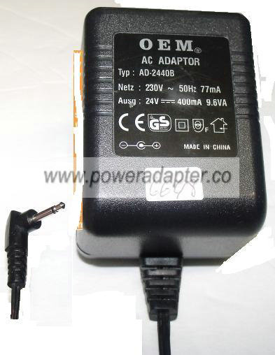 OEM AD-2440B AC ADAPTER 24VDC 400mA -( )- 9.6VA Used 2.5mm audio - Click Image to Close