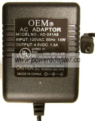 OEM AD-041A5 AC ADAPTER 4.5VDC 1.5A -( )- 1.2x3.7mm POWER SUPPLY - Click Image to Close