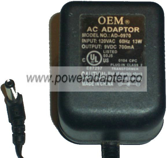 OEM AD-0970 AC ADAPTER 9VDC 700mA center -ve 13W POWER SUPPLY - Click Image to Close