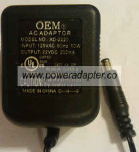 OEM AD-222D AC ADAPTER 22VDC 200mA -( )- 3x6.5mm POWER SUPPLY