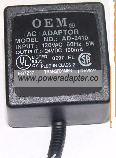 OEM AD-2420 AC ADAPTER 24V DC 200mA NEW 2x5x12mm STRAIGHT ROUND - Click Image to Close