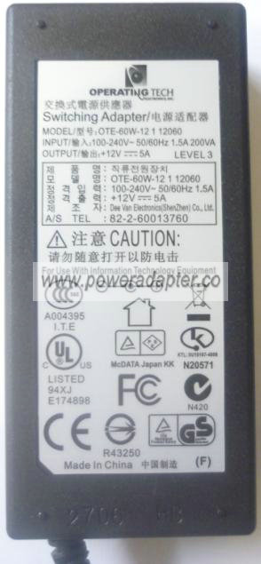 OPERATING TECH OTE-60W-12 1 12060 AC ADAPTER 12V 5A SWITCHING Ad - Click Image to Close