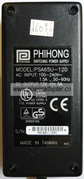 PHIHONG PSA65U-120 SWITCHING POWER SUPPLY 12V 5A - Click Image to Close