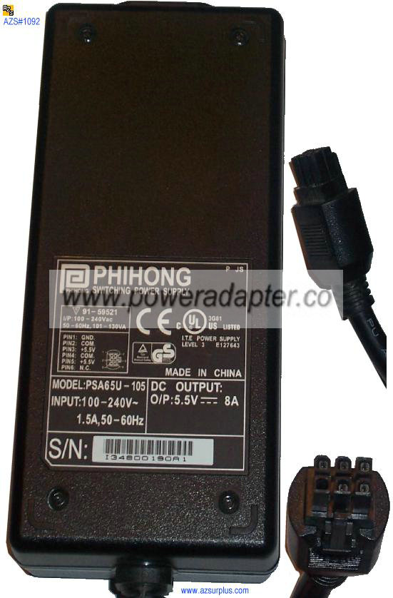 PHIHONG PSA65U-105 AC DC ADAPTER 5.5V 8A SWITCHING POWER SUPPLY - Click Image to Close