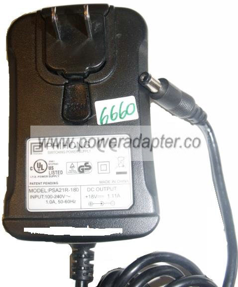 PHIONG PSA21R-180 AC ADAPTER 18VDC 1.11A Used 2.7 x 5.4 x 10.4 m - Click Image to Close