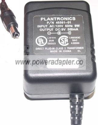 PLANTRONICS 45561-01 AC ADAPTER 9V 500mA DIRECT PLUG IN CLASS 2 - Click Image to Close