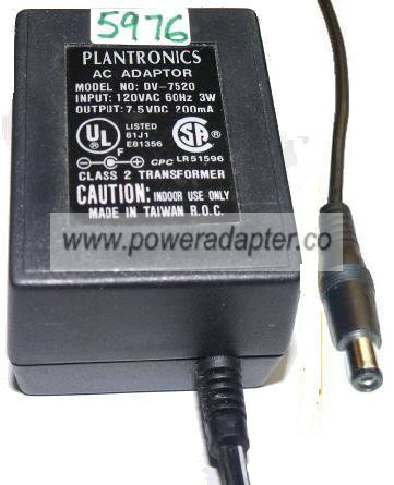 PLANTRONICS DV-7520 AC ADAPTER 7.5VDC 200mA PLUG IN POWER SUPPLY - Click Image to Close