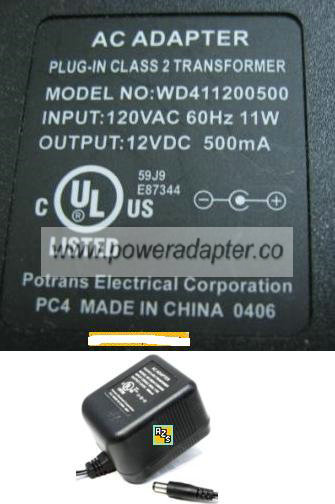 POTRANS WD411200500 AC 12VDC 500mA WALLMOUNT DIRECT PLUG IN POW - Click Image to Close