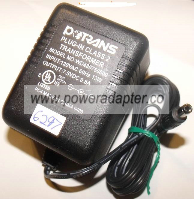 POTRANS WD480750800 AC ADAPTER PLUG-IN CLASS 2 TRANSFORMER 7.5VD - Click Image to Close