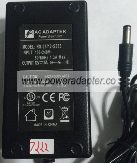 POWER STREAM RS-05/12-S335 AC ADAPTER 12VDC 5A -( )-2x5.5x12mm