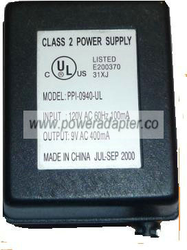 PPI-0940-UL AC ADAPTER 9VAC 400mA Used ~(~) 2x5.5x12mm 120vac Li - Click Image to Close