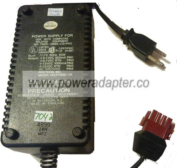 PROTEON P7900-10 AC ADAPTER 5.1VDC 600mA PIN1 Used 5 x 24 x 11.5 - Click Image to Close