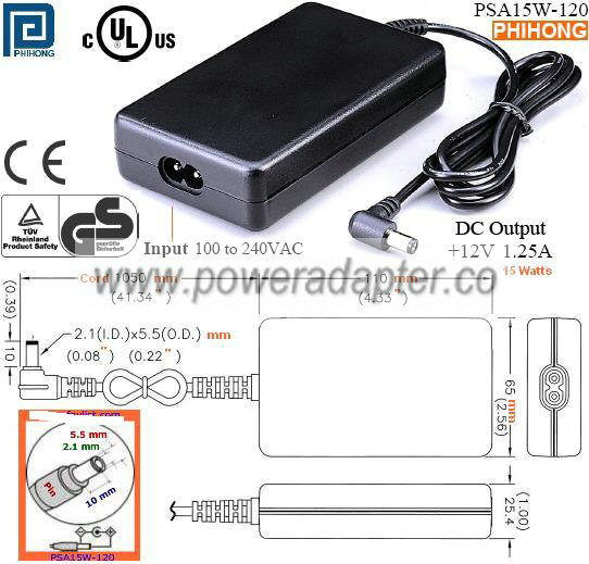 PHIHONG PSA15W-120 AC ADAPTER 12VDC 1.25A 91-59026 Power Supply - Click Image to Close