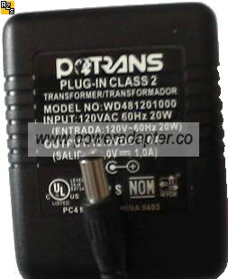 POTRANS WD481201000 AC ADAPTER 12VDC 1A PLUG-IN CLASS 2 TRANSFOR - Click Image to Close