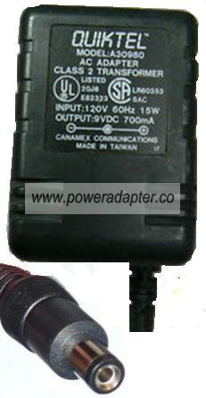QUIKTEL A30980 AC ADAPTER 9VDC 700mA -( )- Power Supply PLUG IN - Click Image to Close