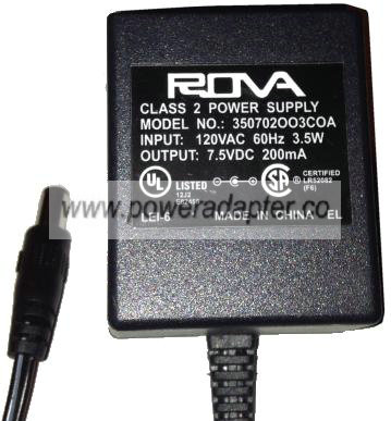 ROVA 350702OO3COA AC ADAPTER 7.5V AC 200mA Used 2 x 5.5 x 11.3 m - Click Image to Close