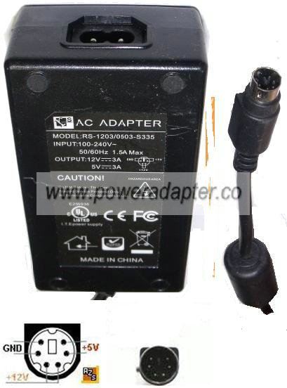 RS RS-1203/0503-S335 AC ADAPTER 12Vdc 5Vdc 3A 6PIN DIN 9mm 100VA - Click Image to Close