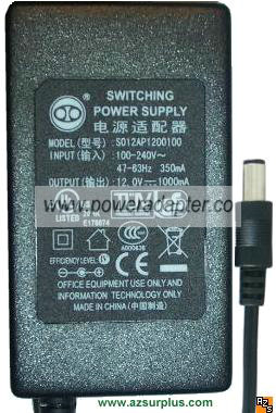 S012AP1200100 AC DC ADAPTER 12V 1A POWER SUPPLY - Click Image to Close