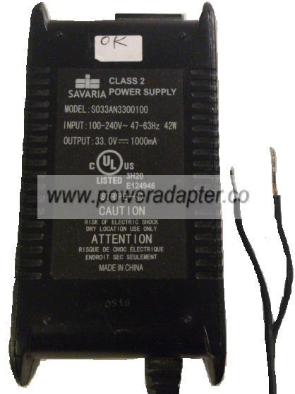 SAVARIA S033AN3300100 AC ADAPTER 33VDC 1000mA NEW 2 Wire