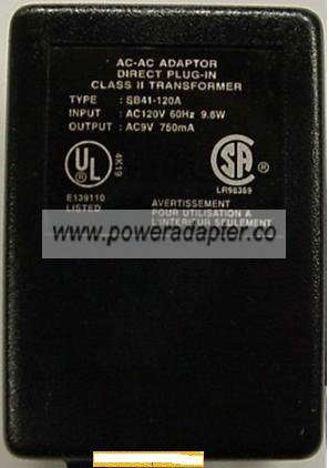 SB41-120A AC ADAPTER 9VDC 750mA CLASS 2 POWER SUPPLY - Click Image to Close