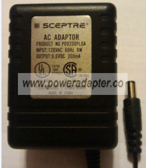 SCEPTRE PD9200PL6A AC ADAPTER 9VDC 200mA Used -( ) 2.5x5.5mm 120