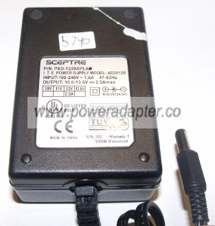 SCEPTRE PSD-1220APL6 AC ADAPTER 12Vdc 2A -( ) Used 2x5.5mm 100-2