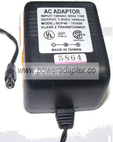 SCP48-751000 AC DC ADAPTER 7.5V 1000mA PLUG IN CLASS 2 POWER SUP - Click Image to Close
