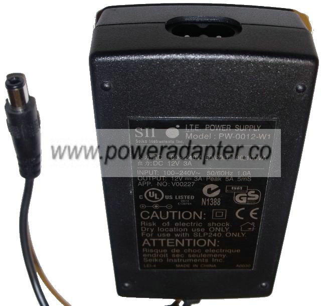 SEIKO PW-0012-W1 AC ADAPTER 12VDC 3A NEW -( )- 3 x 6.5 x 9.8mm