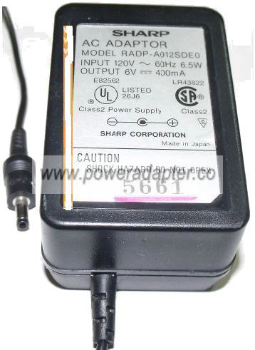 SHARP RADP-A012SDE0 AC ADAPTER 6V 400mA PLUG IN POWER SUPPLY - Click Image to Close