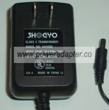 SHOGYO A411206 AC DC ADAPTER 12V 600mA 10W POWER SUPPLY - Click Image to Close