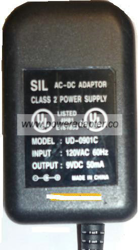 SIL UD-0901C AC ADAPTER 9VDC 50mA PLUG IN CLASS 2 TRANSFORMER - Click Image to Close