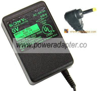 SONY AC-64NA AC ADAPTER 6VDC 400mA NEW -( )- 1.8x4x9.7mm - Click Image to Close