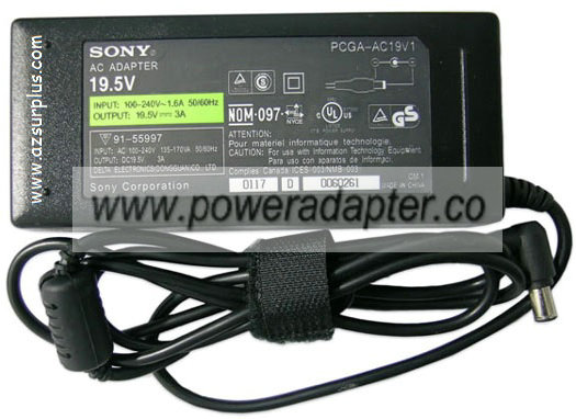 SONY PCGA-AC19V1 AC ADAPTER 19.5 3A Used -( ) 4.4x6.5mm 90 100-