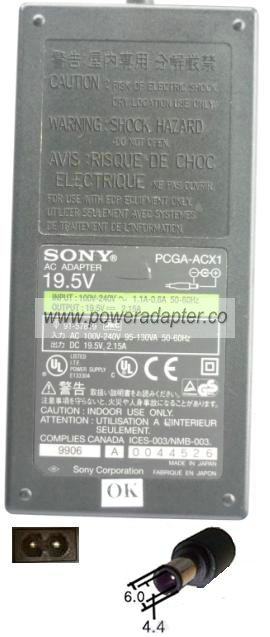 SONY PCGA-ACX1 AC ADAPTER 19.5VDC 2.15A NOTEBOOK POWER SUPPLY