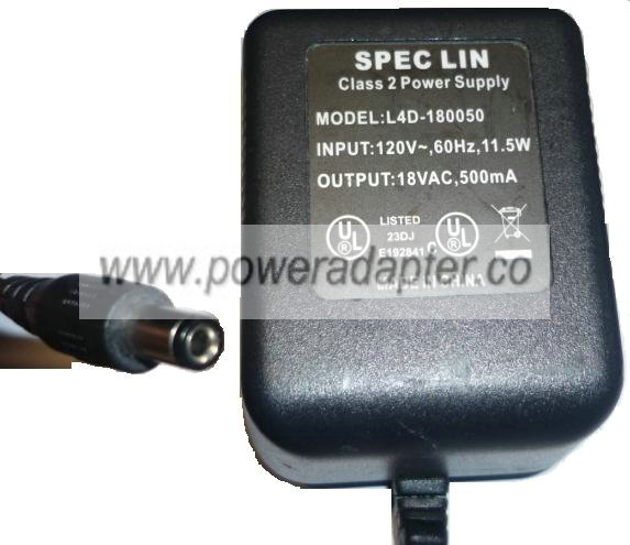 SPEC LIN L4D-180050 18VAC 500mA 11.5W AC ADAPTER CLASS 2 POWER - Click Image to Close