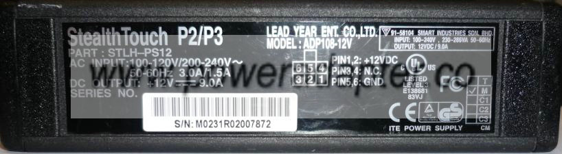 STEALTH TOUCH P2/P3 AP108-12V AC ADAPTER 12VDC 9A I.T.E POWER - Click Image to Close