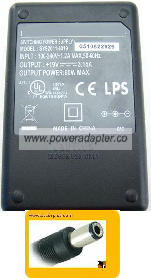 SUNNY SYS2011-6019 AC ADAPTER 19V 3.15A SWITCHING POWER SUPPLY