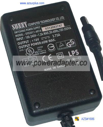 SUNNY SYS2011-6016 AC ADAPTER 16VDC 3.75 60W POWER SUPPLY - Click Image to Close