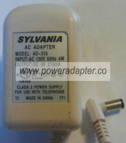SYLVANIA AD-310 AC ADAPTER 9V DC 210MA POWER SUPPLY - Click Image to Close