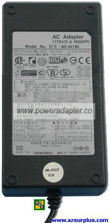 Samsung AD-4214N AC ADAPTER 14Vdc 3A -( ) 1x4.4x6x10mm 100-240va - Click Image to Close
