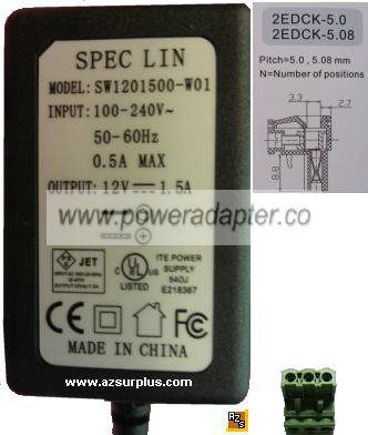 Spec Lin SW1201500-W01 AC Adapter 12VDC 1.5A 3Pin Block NEW Powe