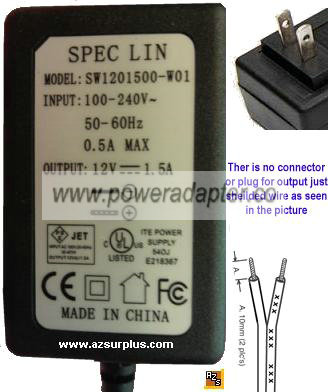 Spec Lin SW1201500-W01 AC Adapter 12VDC 1.5A Shield Wire NEW - Click Image to Close