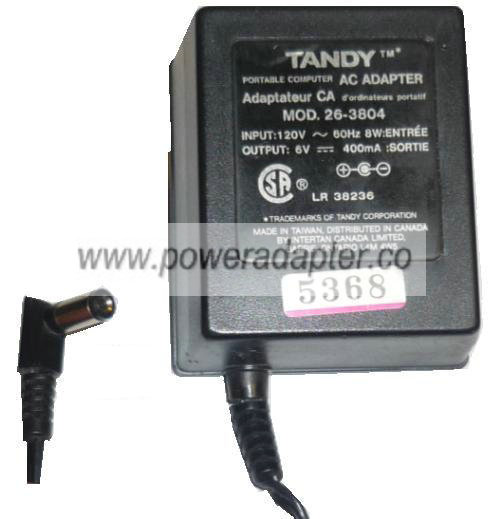 TANDY 26-3804 AC ADAPTER 6V 400mA CLASS 2 TRANSFORMER - Click Image to Close