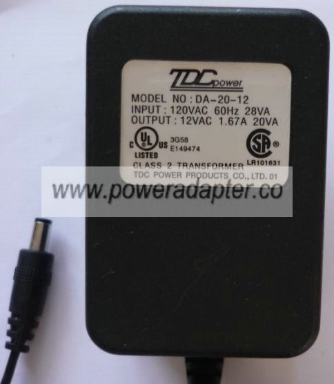 TDC POWER DA-20-12 AC ADAPTER 12VAC 1.67A ~(~) 2.5x5.5mm Used 12 - Click Image to Close