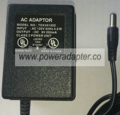 TDX351322 AC ADAPTER 9VDC 200mA NEW 2 x 5.5 x 13mm - Click Image to Close