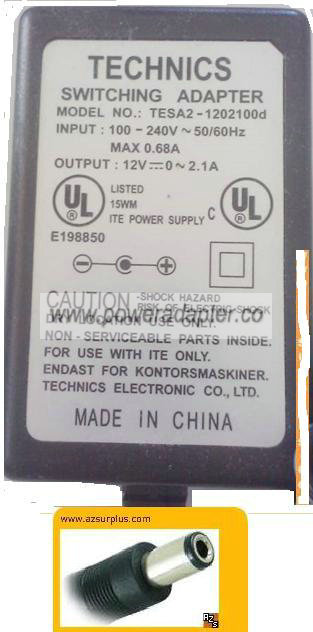 TECHNICS TESA2-1202100D AC ADAPTER 12Vdc 2.1A -( )- SWITCHING PO - Click Image to Close